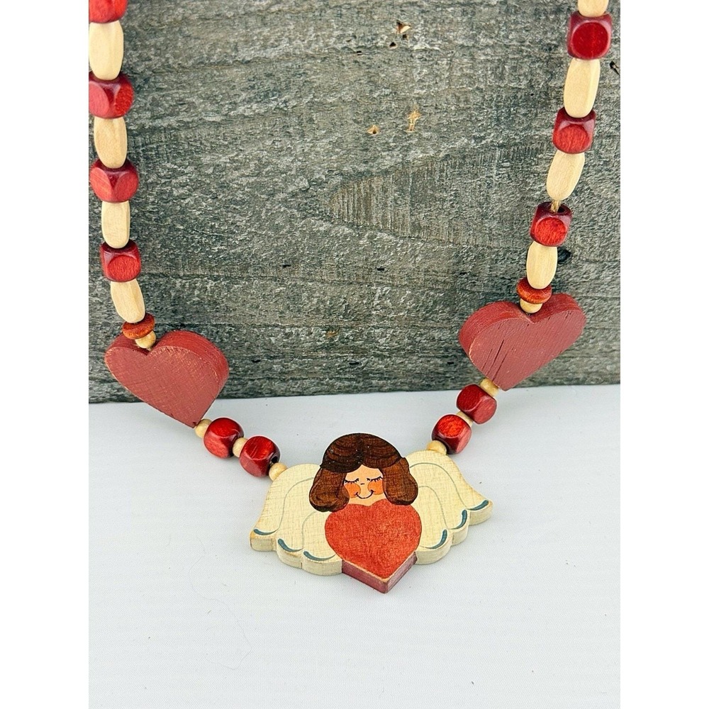 Vintage 1986 Angel & Hearts Handmade Wooden Necklace 14" Length